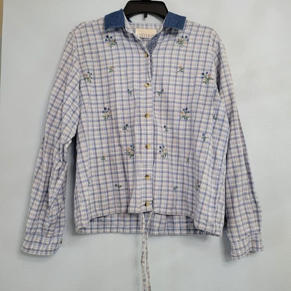 Casey & Max Womens L Plaid Embroidered Flowers Denim Collar Linen Cottagecore